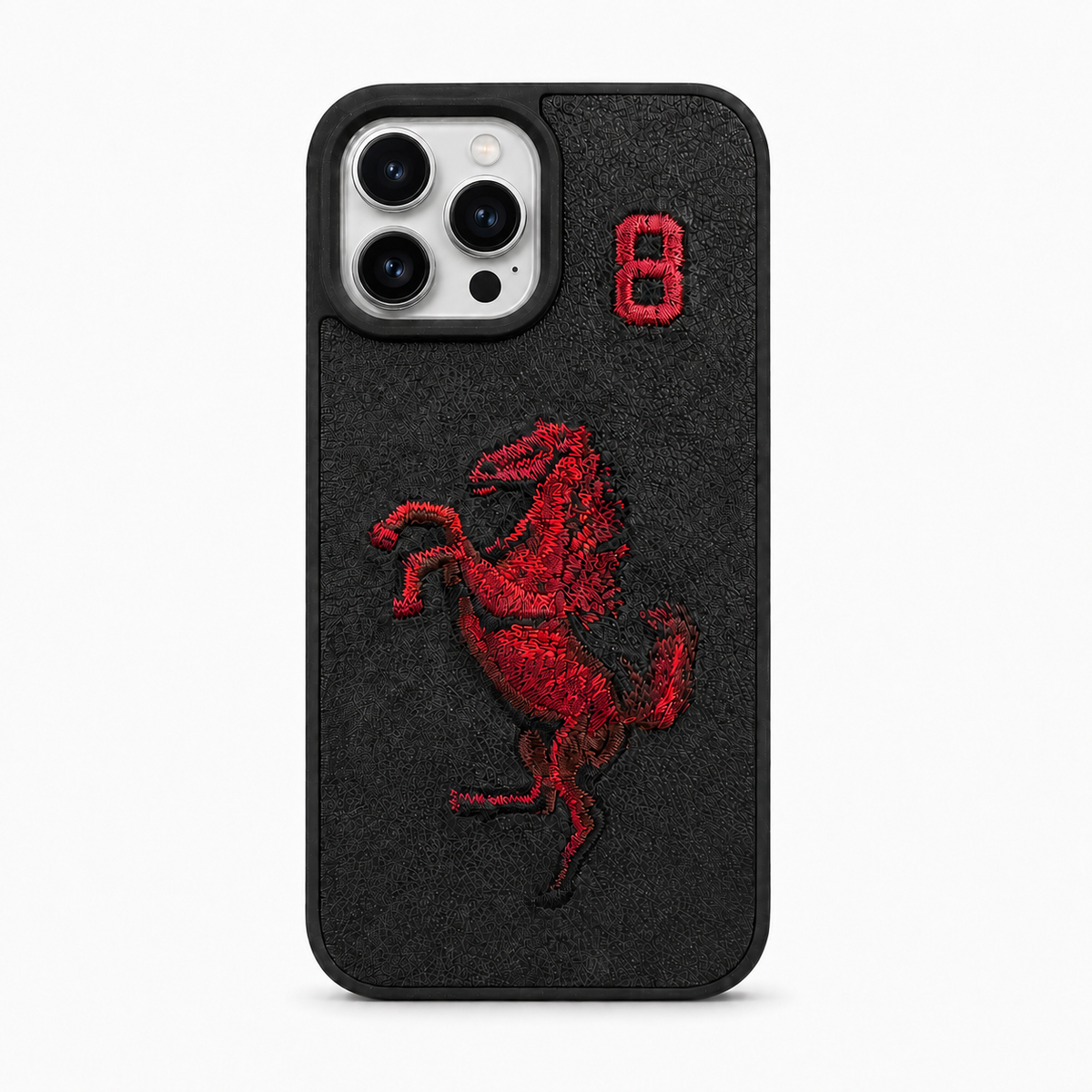 Black No. 8 – Red Horse Santa Barbara Polo horse embroidered case for iPhone 12 Pro Max on white background