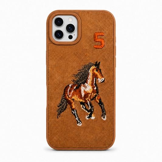 Tan No. 5 – Brown Horse Santa Barbara Polo horse embroidered case for iPhone 12 Pro on white background