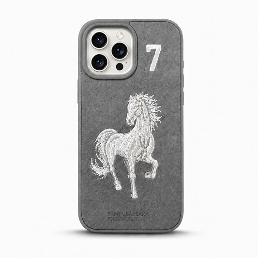 Grey No. 7 – White Horse Santa Barbara Polo horse embroidered case for iPhone 12 Pro on white background