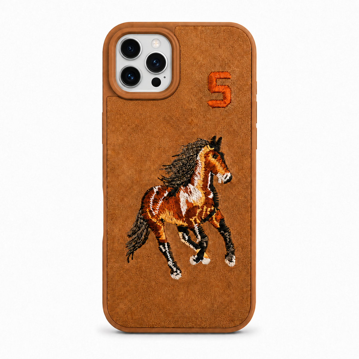 Tan No. 5 – Brown Horse Santa Barbara Polo horse embroidered case for iPhone 13 Pro on white background