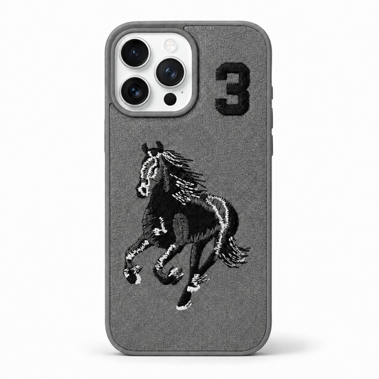 Grey No. 3 – Full Back Santa Barbara Polo horse embroidered case for iPhone 14 Pro on white background