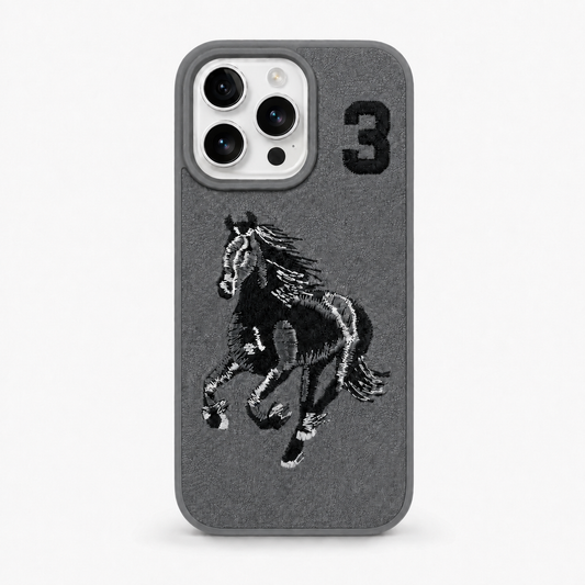 Grey No. 3 – Dual-Cutout Santa Barbara Polo horse embroidered case for iPhone 14 Pro on white background