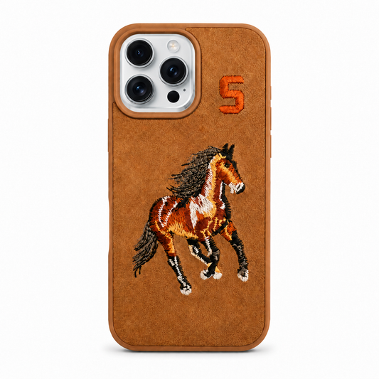 Tan No. 5 – Brown Horse Santa Barbara Polo horse embroidered case for iPhone 14 Pro on white background