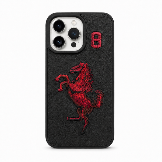 Black No. 8 – Red Horse Santa Barbara Polo horse embroidered case for iPhone 14 Pro on white background
