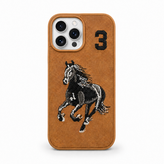 Tan No. 3 – Black & White Horse Santa Barbara Polo horse embroidered case for iPhone 14 Pro on white background