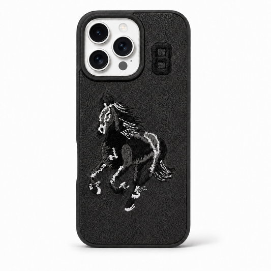 Black No. 8 – Black & White Horse Santa Barbara Polo horse embroidered case for iPhone 14 Pro on white background