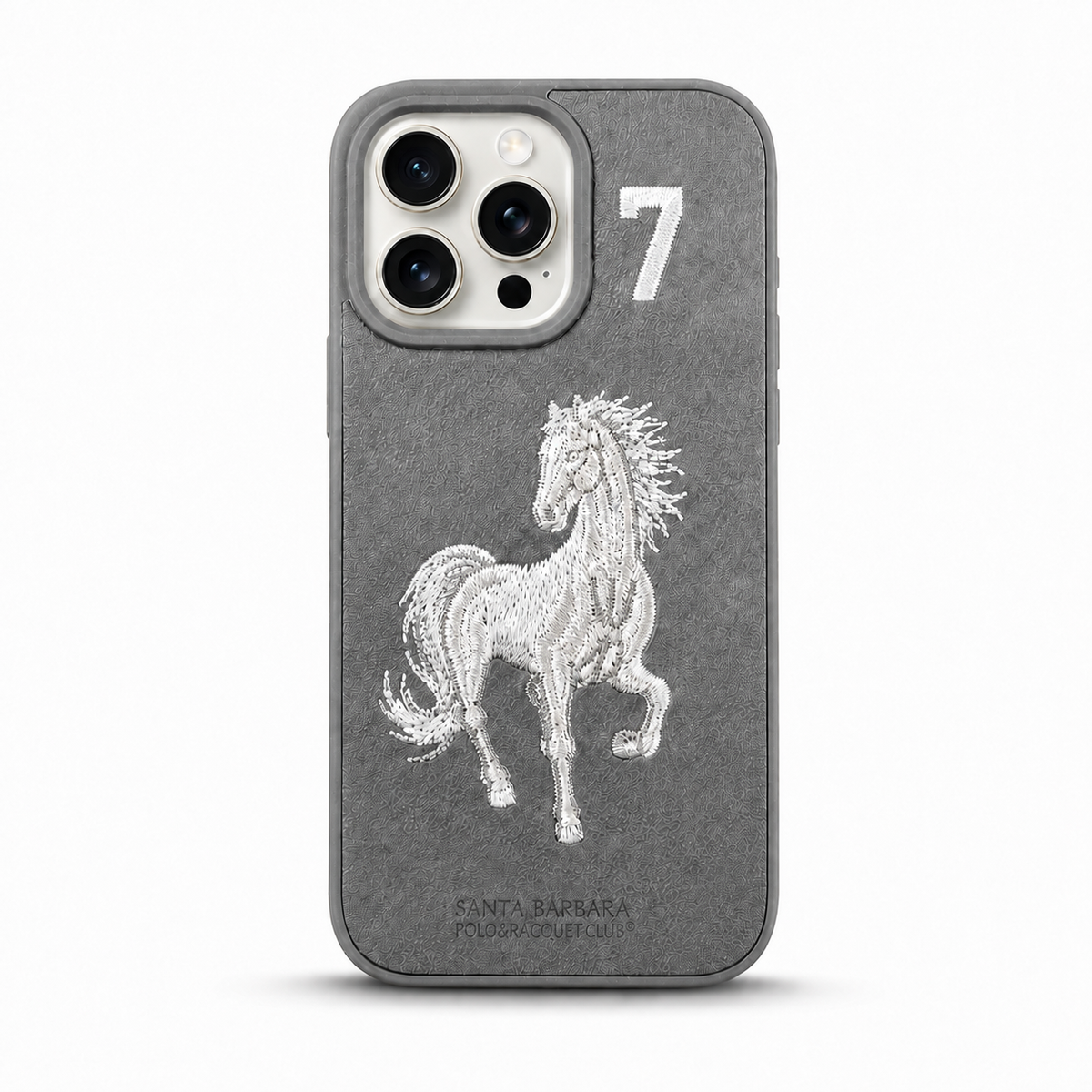 Grey No. 7 – White Horse Santa Barbara Polo horse embroidered case for iPhone 14 Pro on white background