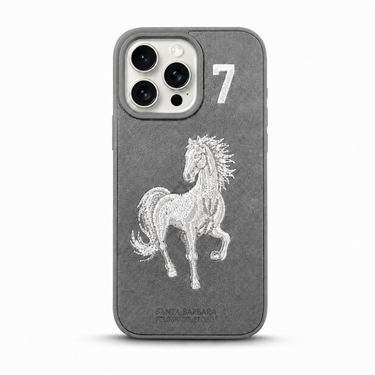 Grey No. 7 – White Horse Santa Barbara Polo horse embroidered case for iPhone 14 Pro on white background