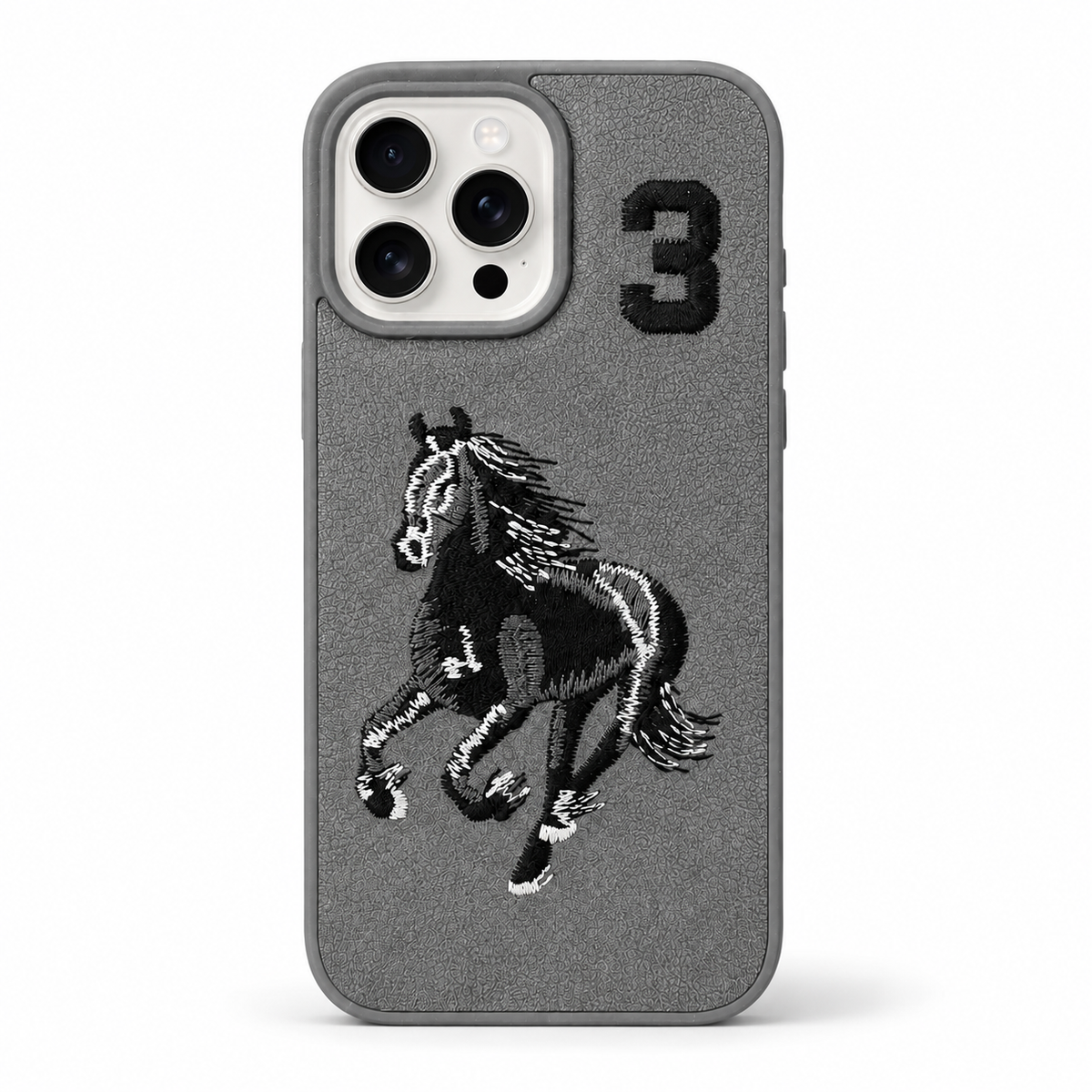 Grey No. 3 – Dual-Cutout Santa Barbara Polo horse embroidered case for iPhone 14 Pro Max on white background