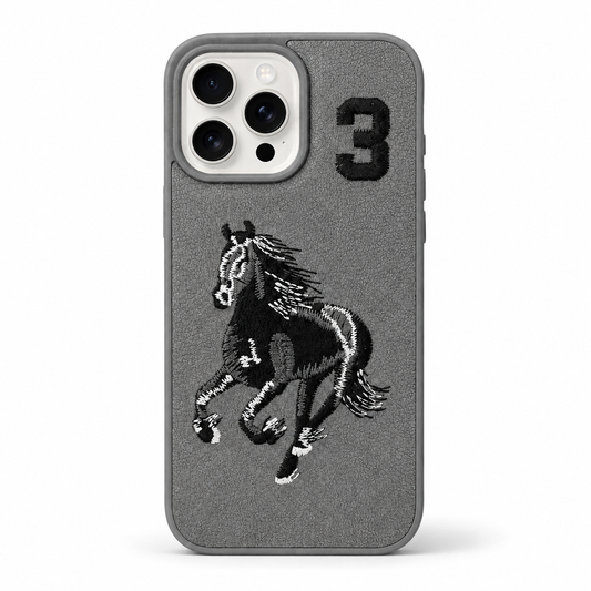 Grey No. 3 – Dual-Cutout Santa Barbara Polo horse embroidered case for iPhone 14 Pro Max on white background