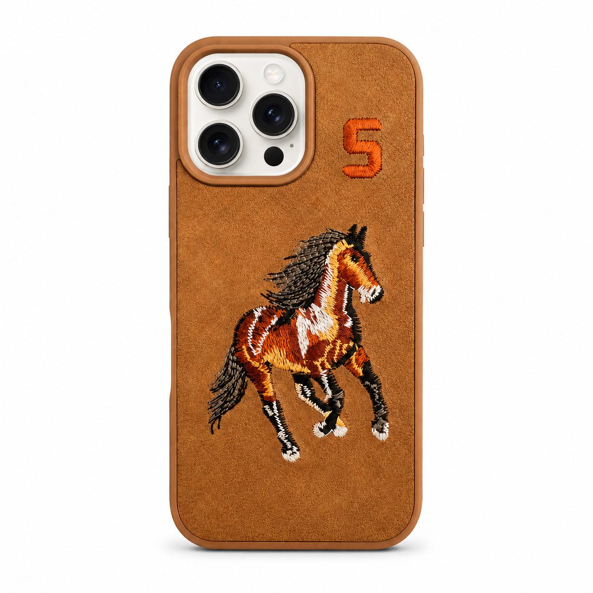 Tan No. 5 – Brown Horse Santa Barbara Polo horse embroidered case for iPhone 15 Pro on white background