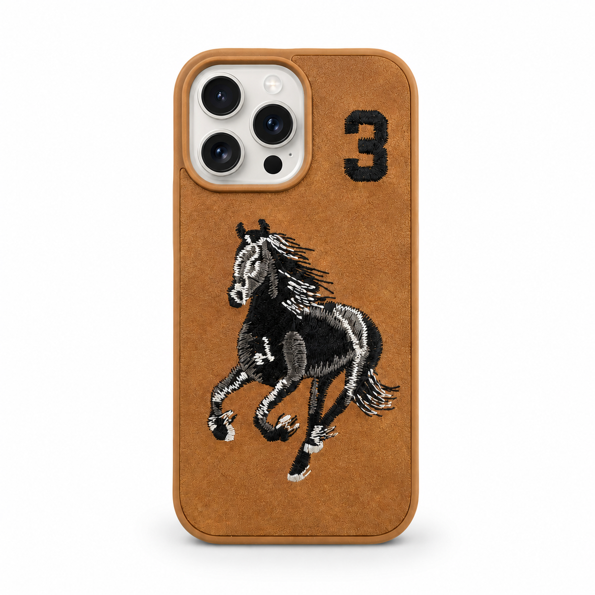 Tan No. 3 – Black & White Horse Santa Barbara Polo horse embroidered case for iPhone 14 Pro Max on white background