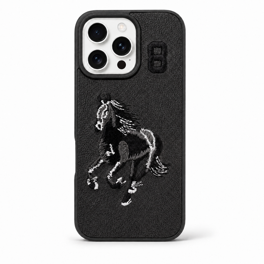 Black No. 8 – Black & White Horse Santa Barbara Polo horse embroidered case for iPhone 15 Pro on white background