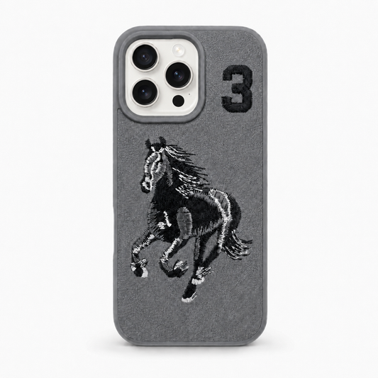 Grey No. 3 – Full Back Santa Barbara Polo horse embroidered case for iPhone 15 Pro on white background