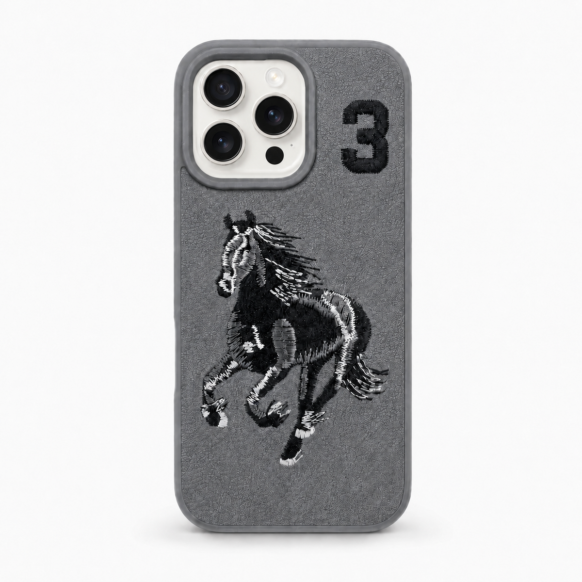 Grey No. 3 – Full Back Santa Barbara Polo horse embroidered case for iPhone 14 Pro Max on white background