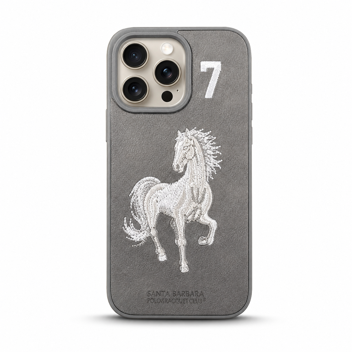 Grey No. 7 – White Horse Santa Barbara Polo horse embroidered case for iPhone 16 Pro Max on white background