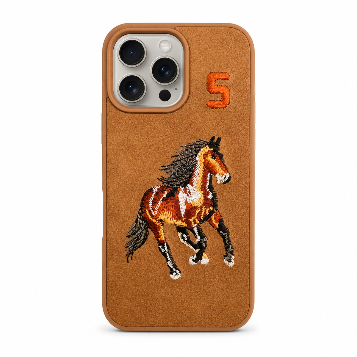 Tan No. 5 – Brown Horse Santa Barbara Polo horse embroidered case for iPhone 16 Pro on white background