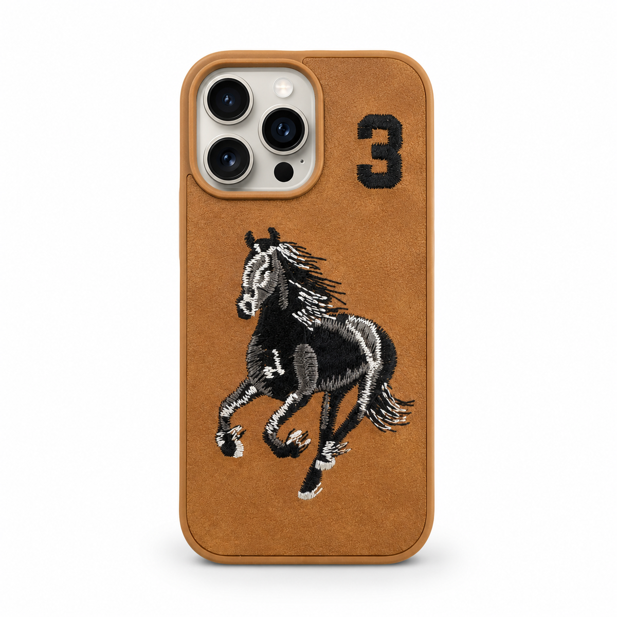 Tan No. 3 – Black & White Horse Santa Barbara Polo horse embroidered case for iPhone 15 Pro Max on white background