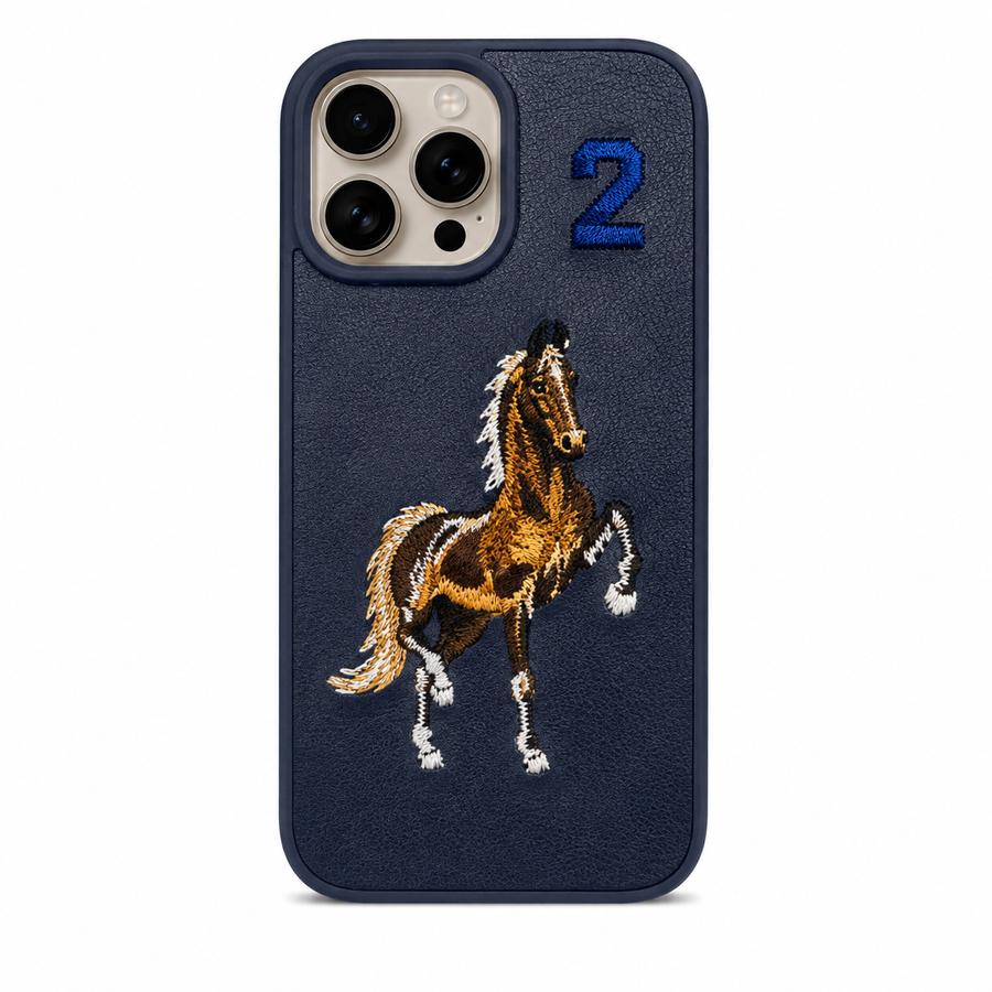 Santa Barbara Polo Horse Embroidered Case for iPhone 16 Pro – Navy No. 2 – Brown Horse