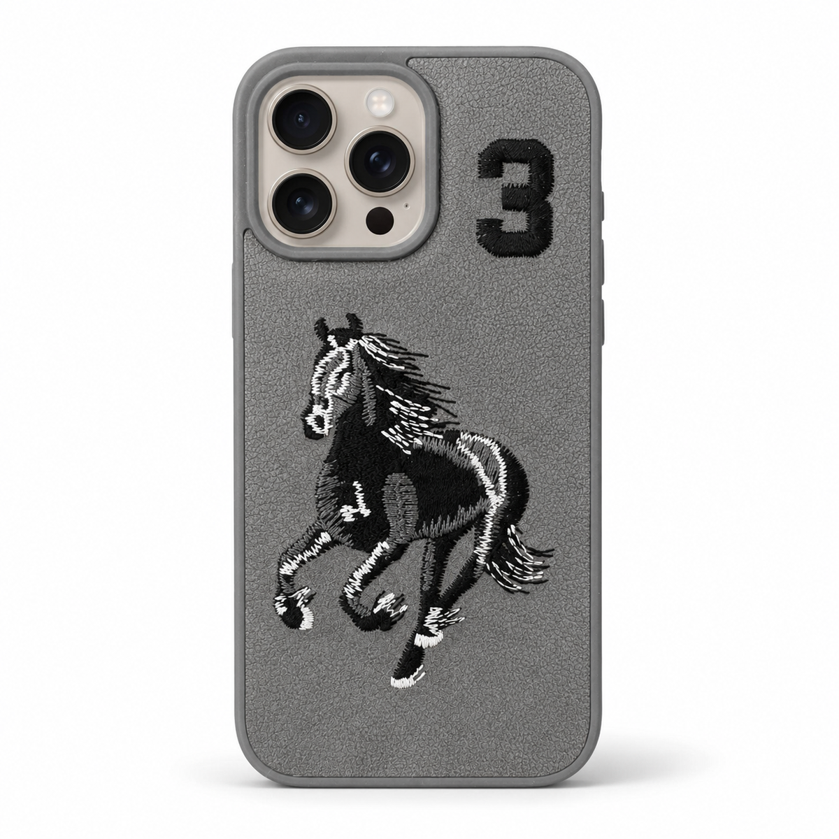 Grey No. 3 – Full Back Santa Barbara Polo horse embroidered case for iPhone 16 Pro on white background