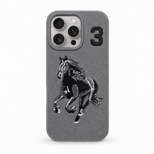 Grey No. 3 – Dual-Cutout Santa Barbara Polo horse embroidered case for iPhone 16 Pro on white background