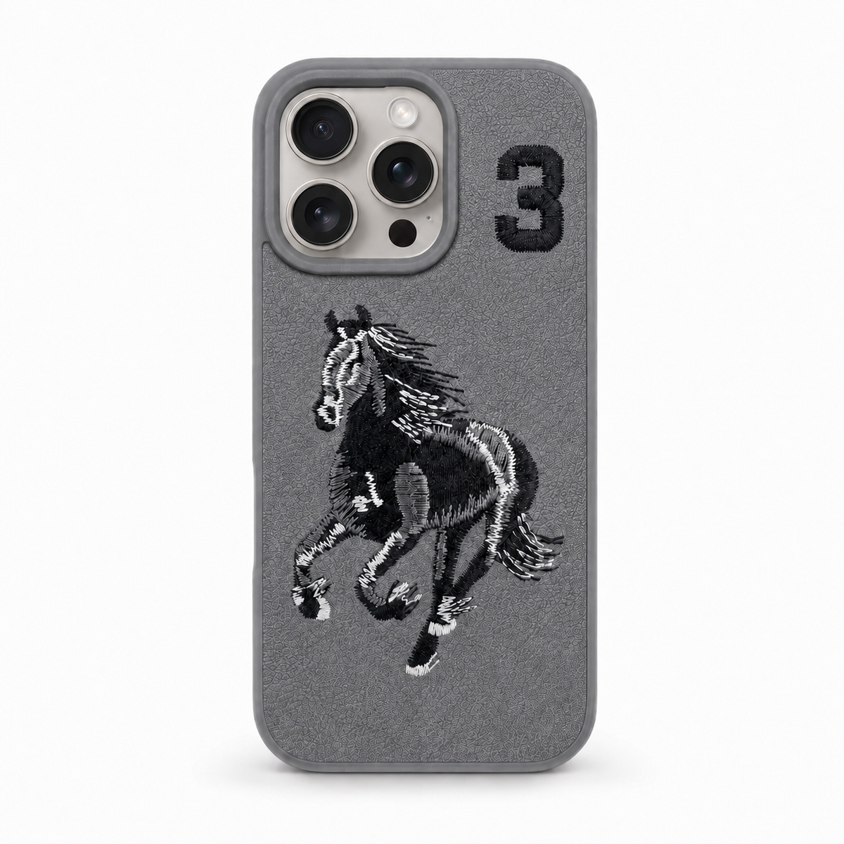 Grey No. 3 – Dual-Cutout Santa Barbara Polo horse embroidered case for iPhone 15 Pro Max on white background