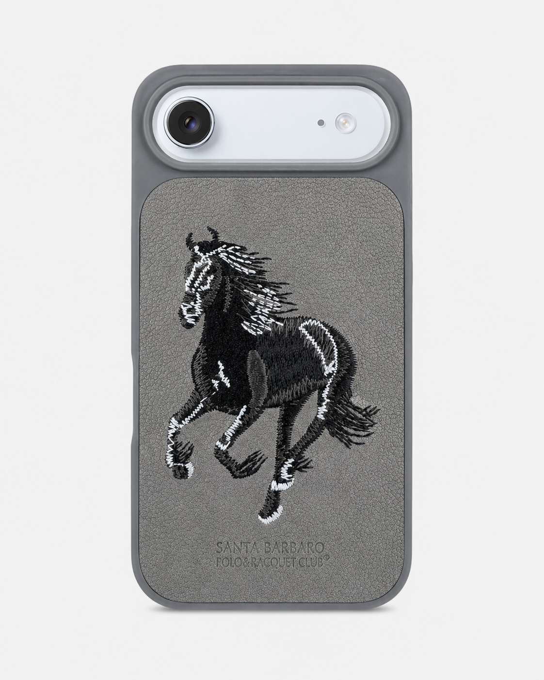 Grey Horse – Dual-Cutout Santa Barbara Polo horse embroidered case for iPhone 17 Air on white background