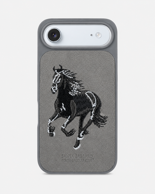 Grey Horse – Dual-Cutout Santa Barbara Polo horse embroidered case for iPhone 17 Air on white background