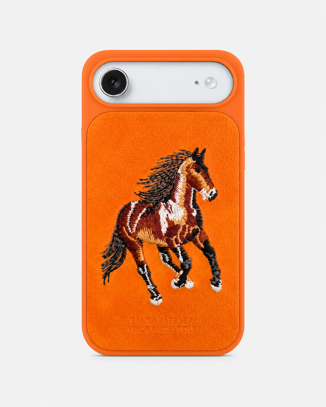 Orange Horse – Dual-Cutout Santa Barbara Polo horse embroidered case for iPhone 17 Air on white background