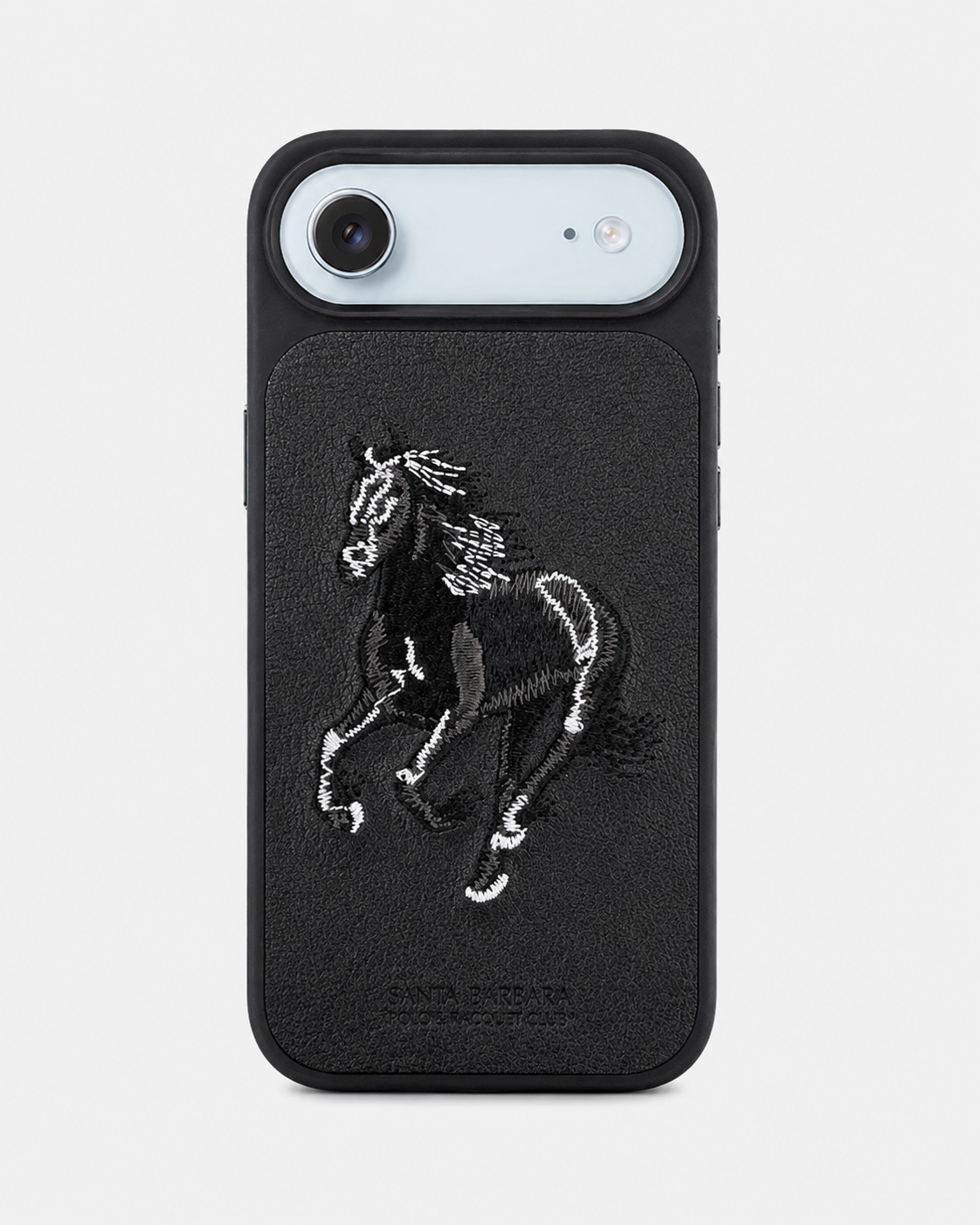 Black Horse – Dual-Cutout Santa Barbara Polo horse embroidered case for iPhone 17 Air on white background