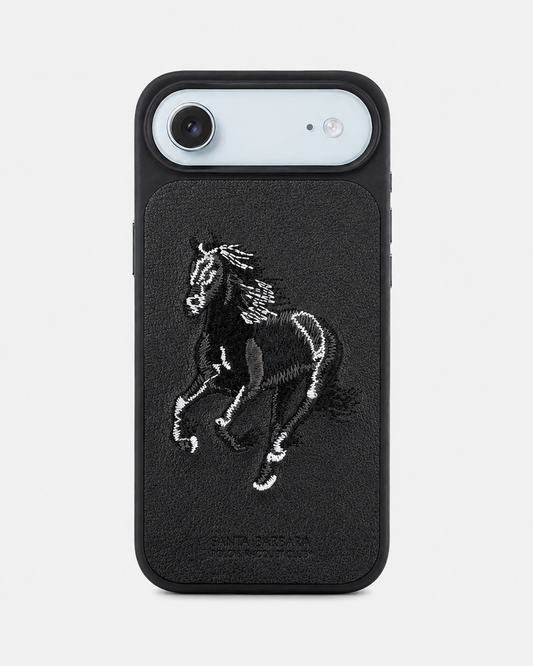 Black Horse – Dual-Cutout Santa Barbara Polo horse embroidered case for iPhone 17 Air on white background