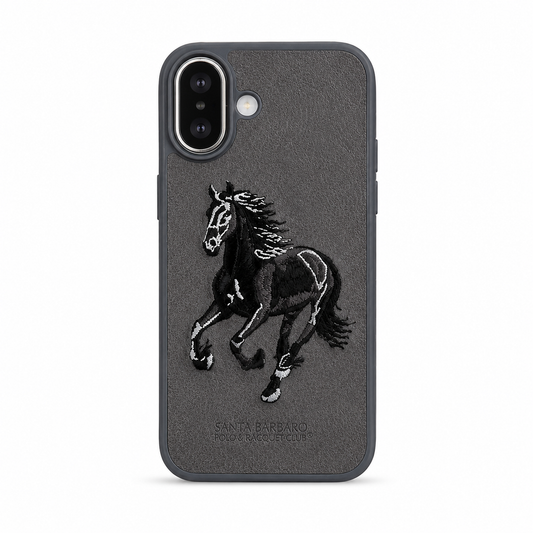 Grey Horse – Dual-Cutout Santa Barbara Polo horse embroidered case for iPhone 17 on white background