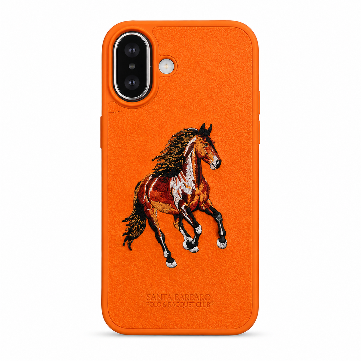 Orange Horse – Dual-Cutout Santa Barbara Polo horse embroidered case for iPhone 17 on white background