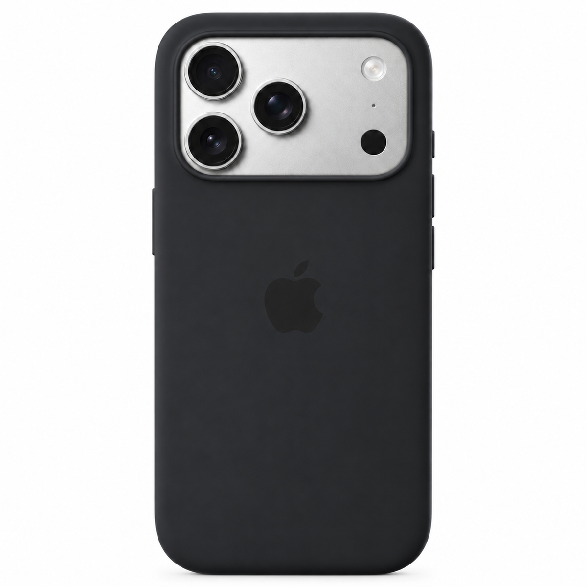 A matte black protective phone case with a raised camera bumper, shown on a silver iPhone. The Apple logo is faintly visible through the case on the back, set against a clean white background.