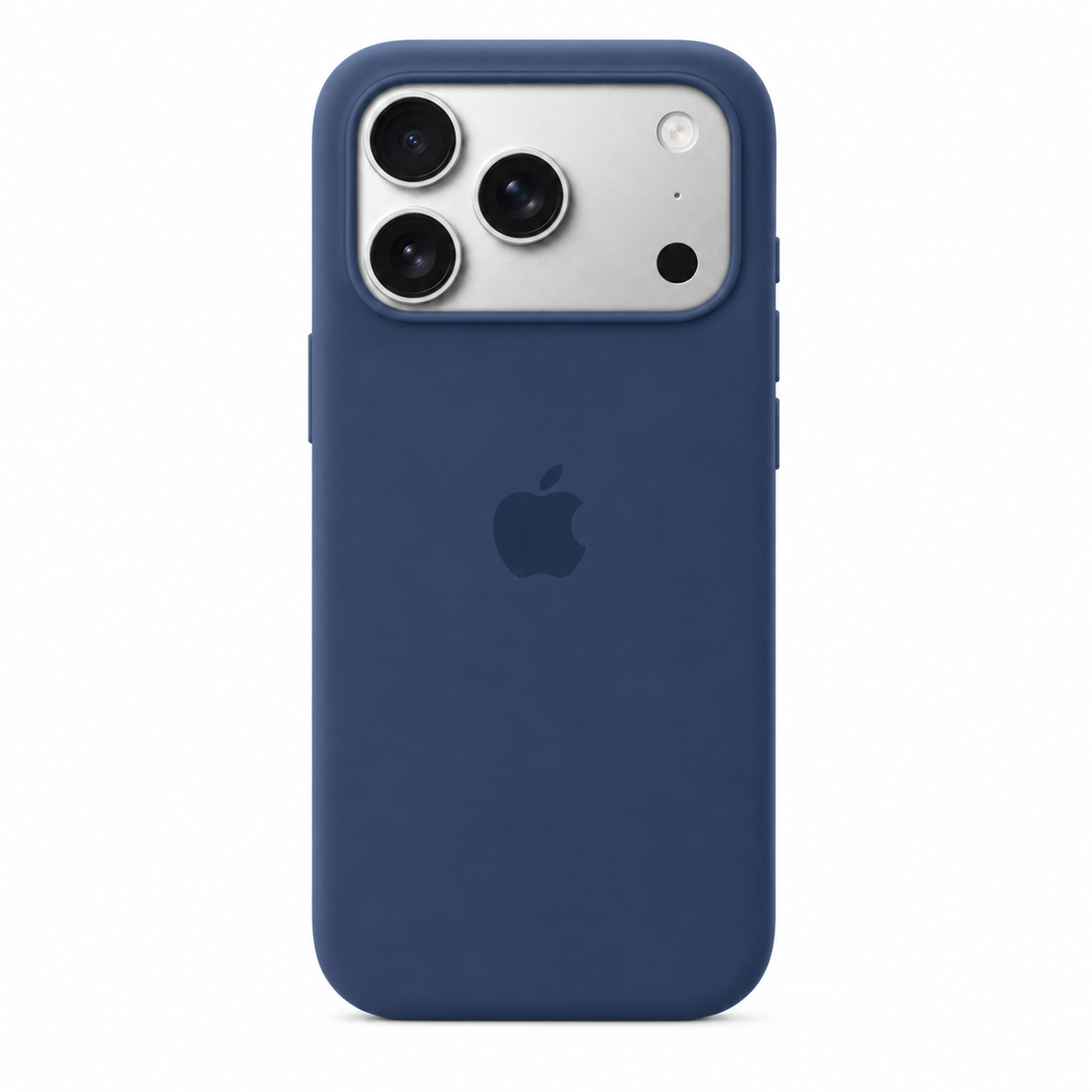 A navy blue silicone phone case on an iPhone 17 pro max, shown from the back against a solid white background.