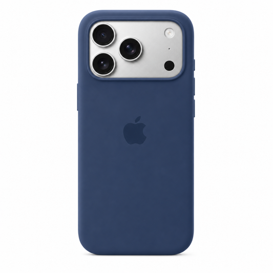 A navy blue silicone phone case on an iPhone 17 pro max, shown from the back against a solid white background.