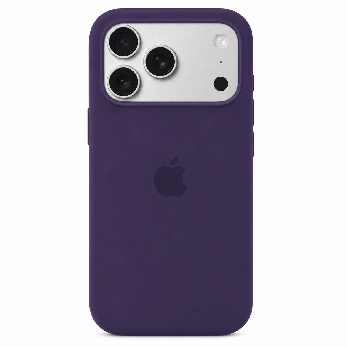 A dark purple silicone phone case on an iPhone 17 pro max, shown from the back against a plain white background.