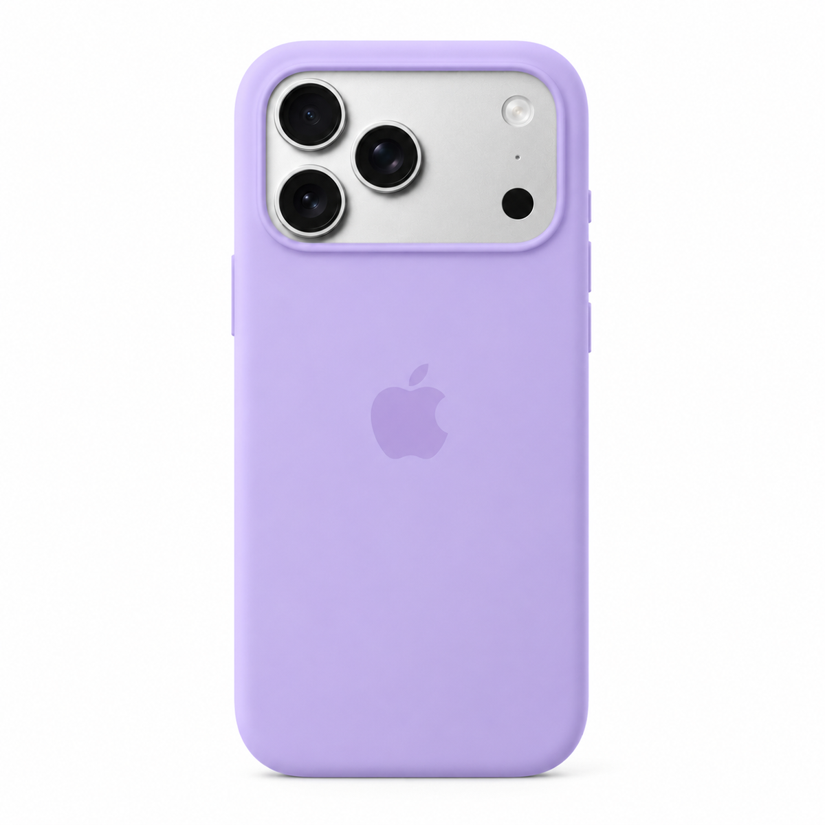 A light purple silicone phone case with a matching purple Apple logo, shown on a silver iPhone against a white background.