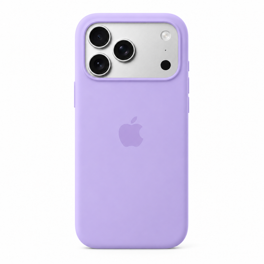 A light purple silicone phone case with a matching purple Apple logo, shown on a silver iPhone against a white background.