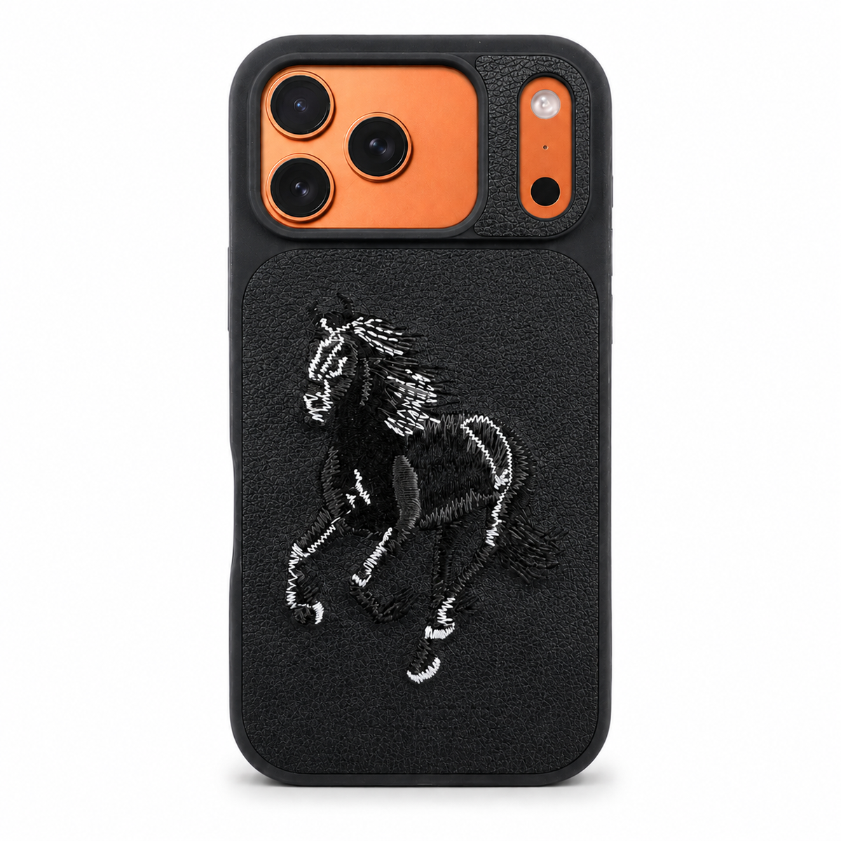 Black Horse – Dual-Cutout Santa Barbara Polo horse embroidered case for iPhone 17 Pro on white background