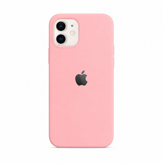 light pink color iphone case. there is an apple logo on the back side of the case. the image has a pure white background. 
