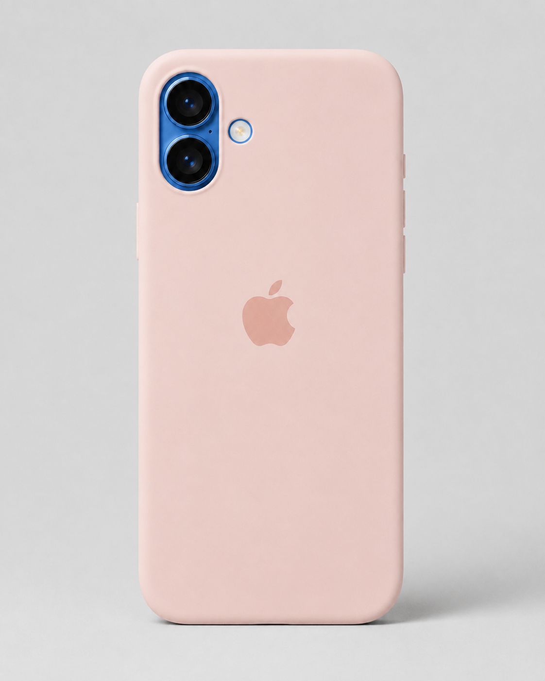 A light pink phone case on a smartphone, shown from the back against a neutral light gray background. The Apple logo is visible through the case.