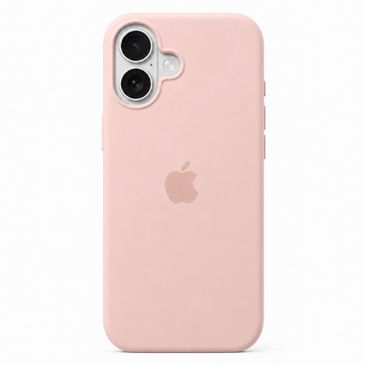 A light pink protective phone case with a matte finish, shown on an iPhone. The case features a precise cutout for the dual camera system and the Apple logo is visible through the center.