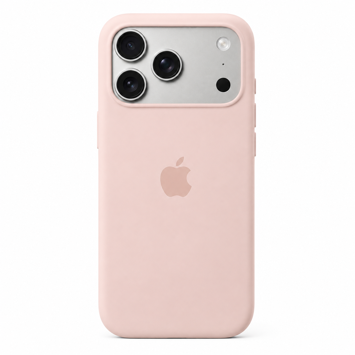 A light pink protective iphone 17 pro max phone case with a built-in protective bumper around the camera lenses, shown on a silver iPhone against a white background.