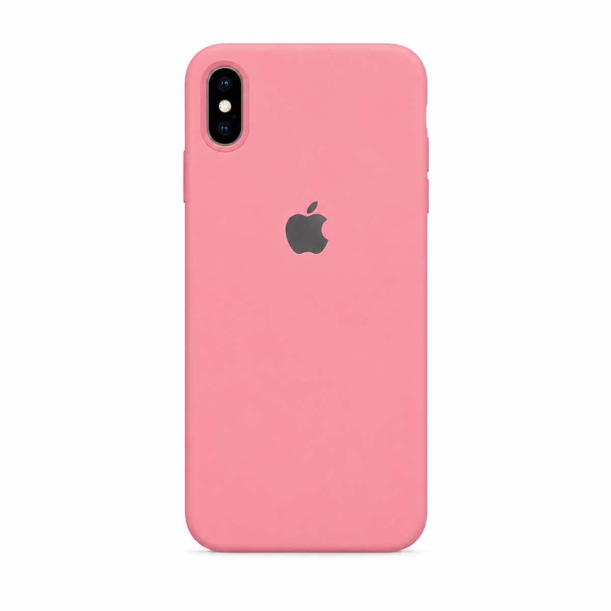 A pink protective phone case shown from the back, fitted on an iPhone with the black Apple logo visible in the center, set against a plain white background.