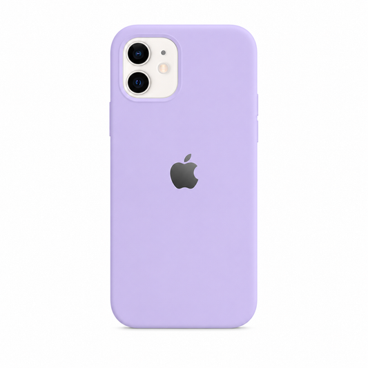 A light purple phone case on an iPhone, shown from the back against a plain white background. The Apple logo is visible through the cutout.