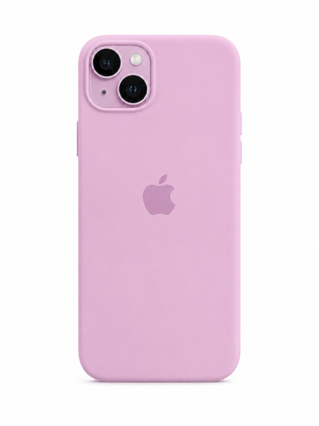 light purple color iphone 13 case with apple logo in the middle and white background of the silicone cover iphone 13 inserted in the cover
