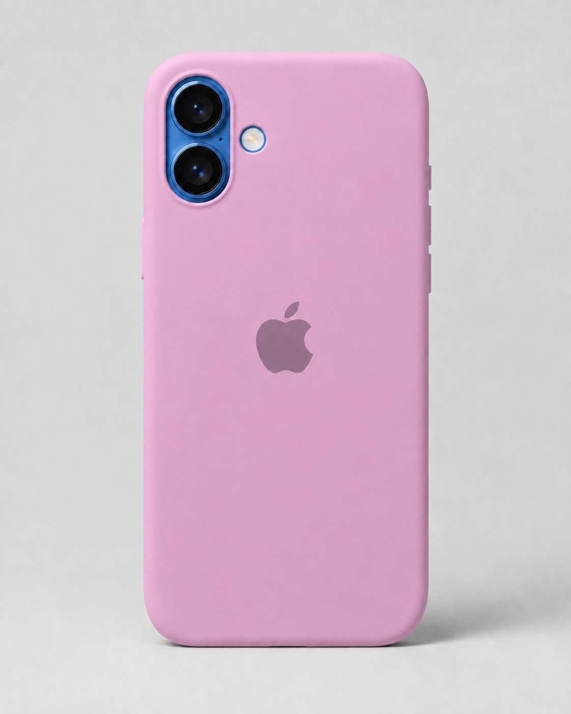 A pink protective phone case with a matte finish, featuring a cutout for a dual-camera system and a gray Apple logo in the center, shown on a light gray background.