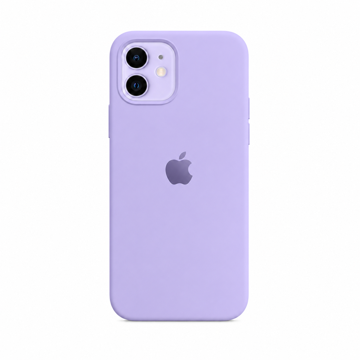 A light purple phone case on an iPhone, shown from the back against a solid white background. The Apple logo is visible through the case.