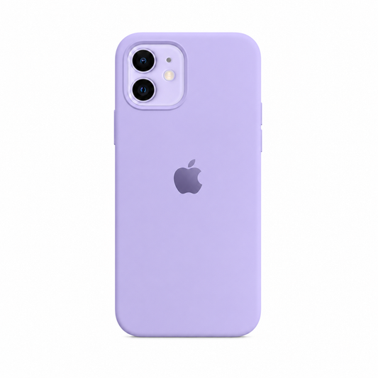 A light purple phone case on an iPhone, shown from the back against a solid white background. The Apple logo is visible through the case.